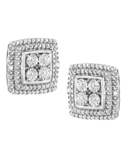 .925 Sterling Silver Diamond Accented Square Shaped Milgrain Stud Earrings (I-J Clarity, I3 Color)