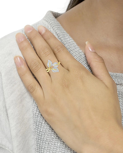 18K Yellow and White Gold Plated .925 Sterling Silver 3/8 Cttw Baguette and Round Diamond Bypass Triple Leaf Ring (I-J Color, I1-I2 Clarity)