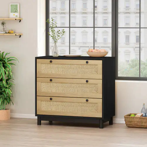 3-Drawer Woven Rope Storage Cabinet – Ideal for Bedroom, Living Room, Dining Room, or Hallway