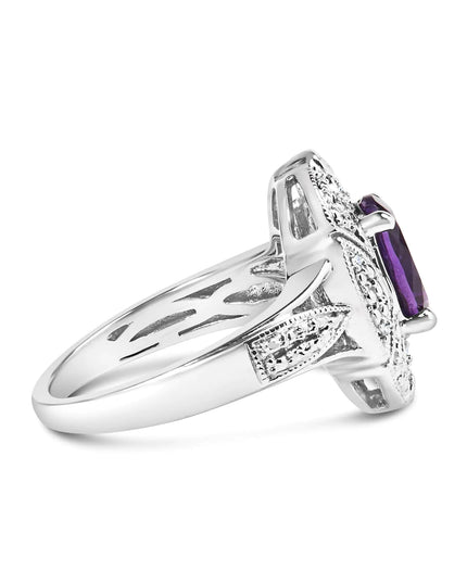 .925 Sterling Silver 9x7mm Oval Purple Amethyst and Round Diamond Accent Fashion Cocktail Ring (I-J Color, I1-I2 Clarity)