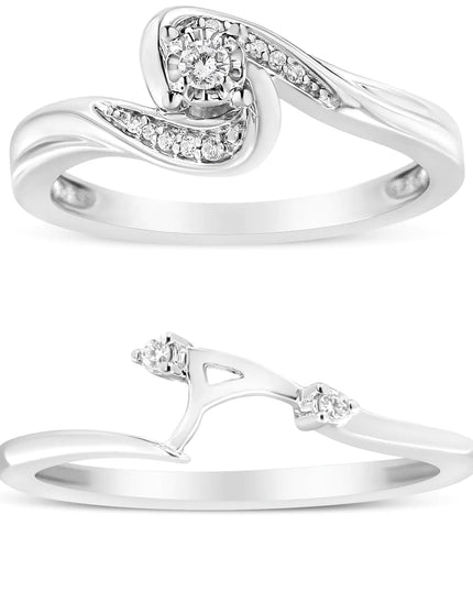 .925 Sterling Silver 1/10 Cttw Diamond Swirl and Bypass Bridal Set Ring and Band (I-J Color, I3 Clarity)