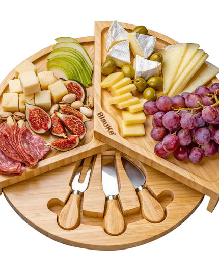 Bamboo Cheese Board Set - 14 Inch Swivel Charcuterie Board With Drawer - Round Serving Tray