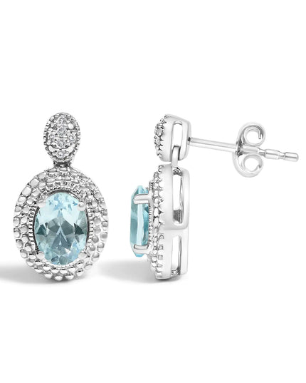 .925 Sterling Silver Diamond Accent and  Oval Blue Topaz with Beaded Halo Drop Stud Earrings (I-J color, I1-I2 Clarity)