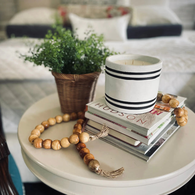 Luxury Large Striped Stone Designer Candle - Belgian Linen