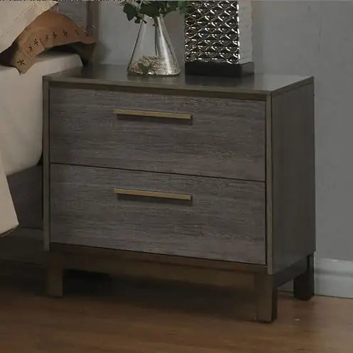 Antique Gray Contemporary Nightstand – Brass Pulls & Metal Glides, Two-Tone Design