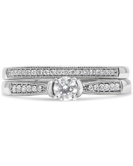.925 Sterling Silver 1/3 Cttw Diamond Classic Engagement Ring Bridal Set with Milgrain (I-J Color, I3 Clarity)