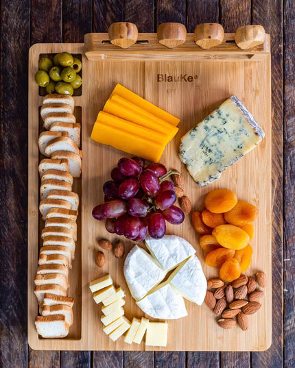 Bamboo Cheese Board Set - 14x11 Inch With 4 Knives - Wood Tray