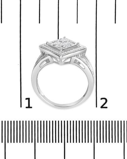 .925 Sterling Silver 1/3 Cttw Invisible Set Princess-Cut Diamond Rhombus and Beaded Halo Ring (H-I Color, SI1-SI2 Clarity)