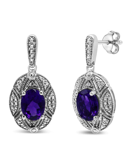 .925 Sterling Silver Diamond Accent and 8x6mm Purple Oval Amethyst Stud Earrings (I-J Color, I1-I2 Clarity)