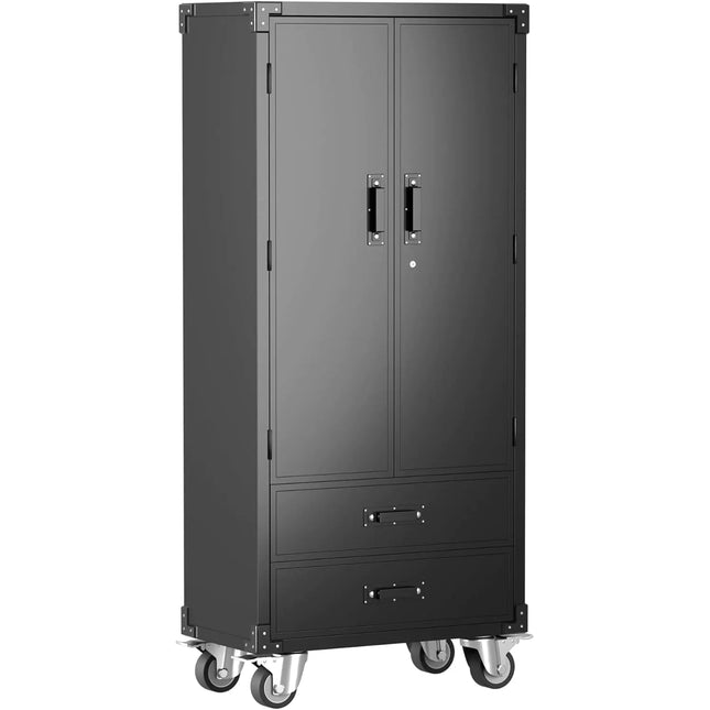 Metal Rolling Storage Cabinet, 2 Doors 2 Drawers, Shelves, Locking, Black