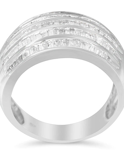 .925 Sterling Silver 1.0 Cttw Baguette-Cut Diamond 6-Row Channel Set Domed Tapered Cocktail Fashion Ring (H-I Color, I2-I3 Clarity)