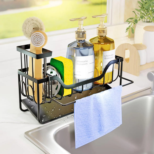 Stainless Steel Kitchen Sink Caddy – Sponge Holder, Auto-Drain Organizer with Brush and Dishcloth Rack