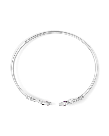 .925 Sterling Silver 8X4MM Marquise Purple Amethyst and Diamond Accent Fleur Di Lis Open Cuff Bangle (I-J Color, I1-I2 Clarity) - 7"