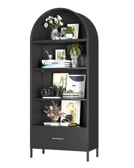 Black Metal Arched Bookshelf With Drawer, Kitchen Pantry Cabinet