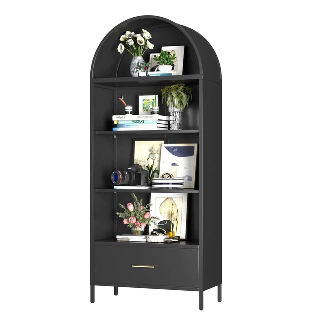 Black Metal Arched Bookshelf With Drawer, Kitchen Pantry Cabinet
