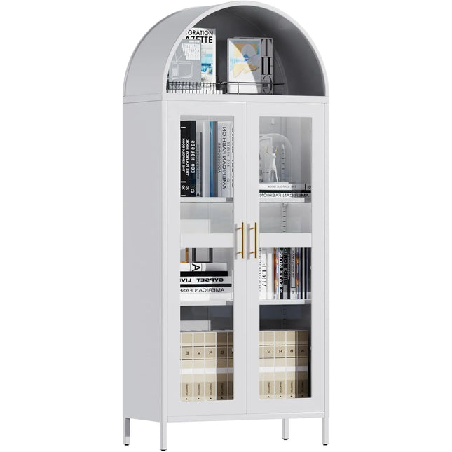 Metal Arched Cabinet, Pantry With Glass Door, Farmhouse Bookcase, 2 Shelves, White, Assembly
