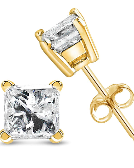 AGS Certified 14k Yellow Gold 1/4 Cttw 4-Prong Set Princess-Cut Solitaire Diamond Push Back Stud Earrings (H-I Color, SI1-SI2 Clarity)