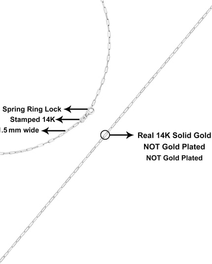 Unisex Solid 14K Gold 1.5mm Paperclip Chain Necklace - Choice of Length and Metal Color