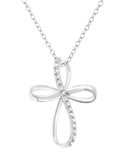 .925 Sterling Silver Diamond Accent Cross Ribbon 18" Pendant Necklace (I-J Color, I2-I3 Clarity)