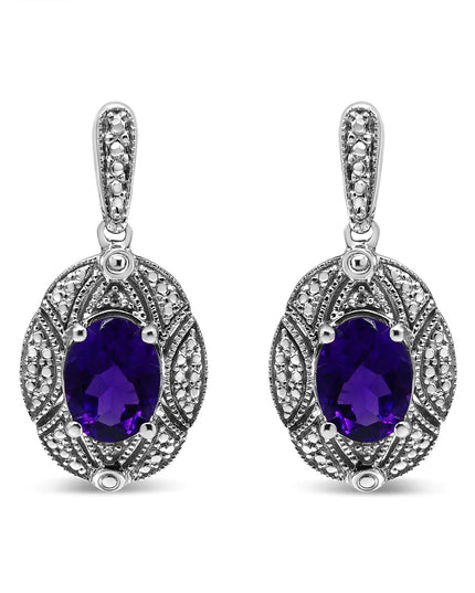 .925 Sterling Silver Diamond Accent and 8x6mm Purple Oval Amethyst Stud Earrings (I-J Color, I1-I2 Clarity)