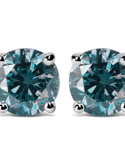 14K Gold Round Brilliant Cut Lab Grown Blue Diamond 4-Prong Classic Solitaire Stud Earrings with Pushbacks