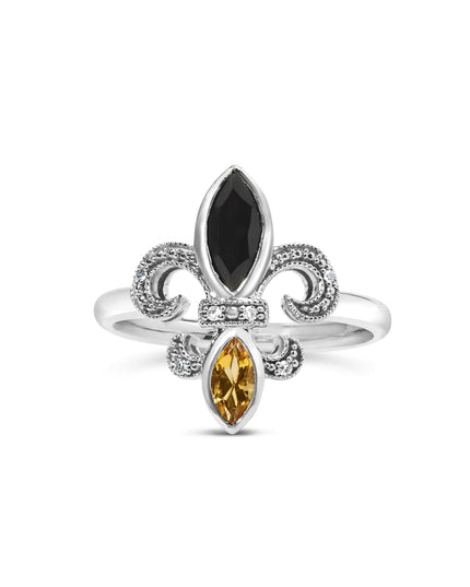 .925 Sterling Silver Black Onyx and Yellow Citrine Marquise and Diamond Accent Fleur De Lis Ring (H-I Color, SI1-SI2 Clarity)