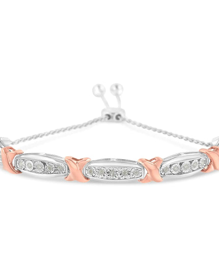 .925 Sterling Silver 1/4 Cttw Round-Cut Diamond X & Tapered Bar Miracle-Set Bolo Bracelet (I-J Color, I3 Clarity) - Two Tone Rose Gold & Silver