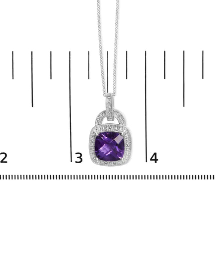 .925 Sterling Silver 10X10 MM Cushion Purple Amethyst and Diamond Accent Halo 18" Pendant Necklace (I-J Color, I1-I2 Clarity)