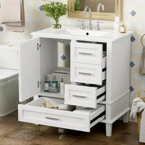 30" Modern Bathroom Vanity Cabinet with Sink – Solid Wood Frame, Soft-Close Door & 3 Drawers Storage Combo
