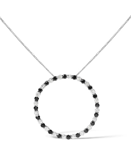 .925 Sterling Silver 2.0 Cttw Alternating Black and White Diamond Open Hoop Circle Pendant Necklace (H-I Color, I2-I3 Clarity) - 18" Inches