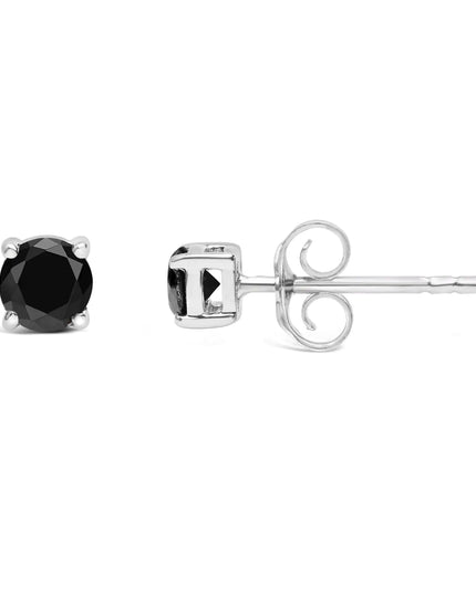 .925 Sterling Silver Black Diamond Solitaire Stud Earrings (Black Color, I2-I3 Clarity)