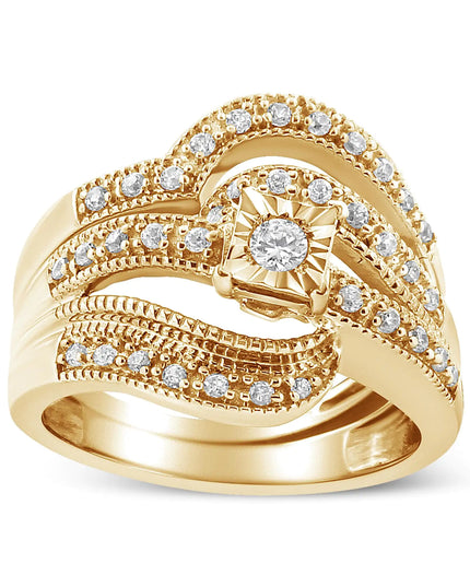 .925 Sterling Silver 1/3 Cttw Round Diamond Crisscross Engagement Ring Bridal Set (H-I Color, I1-I2 Clarity )