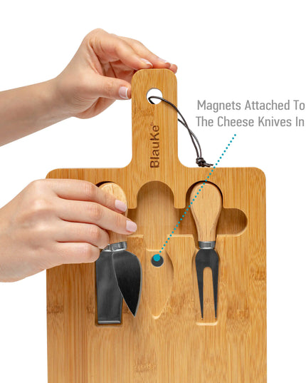 Bamboo Cheese Board Set - 12x8 Inch Charcuterie Tray With Magnetic Cutlery Storage