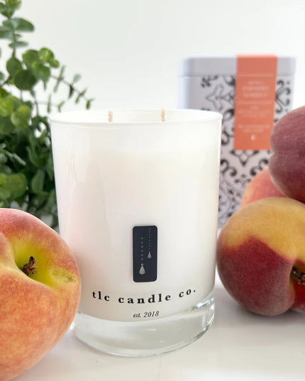 TLC Candle Co. "Farmer's Market" Hand Poured 11oz Jar Candle in Vintage Tin, Fresh Peaches Scented Natural Soy Wax and Essential Oil Blended Fragrances, 2 Wicks, 60 Hour Burn Time, Made in the USA