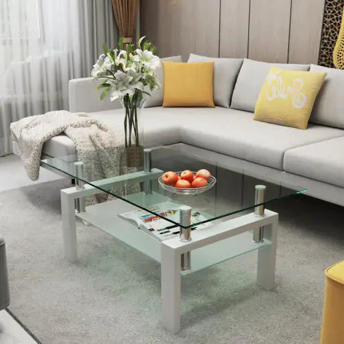 Sleek Modern White Coffee Table with Clear Glass Top – Stylish Center & Side Table for Living Room Furniture