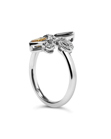 .925 Sterling Silver Black Onyx and Yellow Citrine Marquise and Diamond Accent Fleur De Lis Ring (H-I Color, SI1-SI2 Clarity)