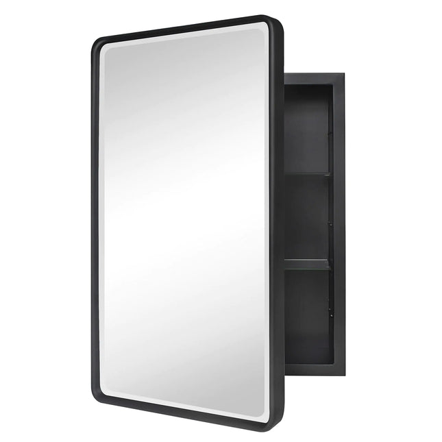 Farmhouse Black Metal Framed Recessed Bathroom Medicine Cabinet with Beveled Rounded Rectangle Mirror, 16" x 24" inches