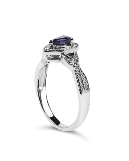 .925 Sterling Silver 6x4mm Pear Sapphire Gemstone with Diamond Accent Fashion Halo Ring (H-I Color, SI1-SI2 Clarity)