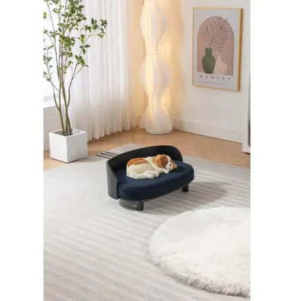 Scandinavian Style Elevated Dog Bed Pet Sofa With Solid Wood Legs And Bent Wood Back, Velvet Cushion, Dark Blue