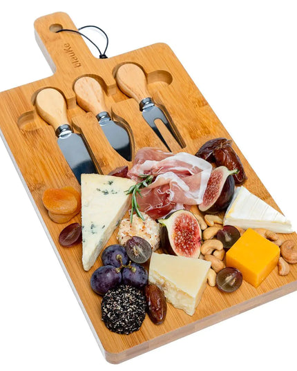 Bamboo Cheese Board Set - 12x8 Inch Charcuterie Tray With Magnetic Cutlery Storage