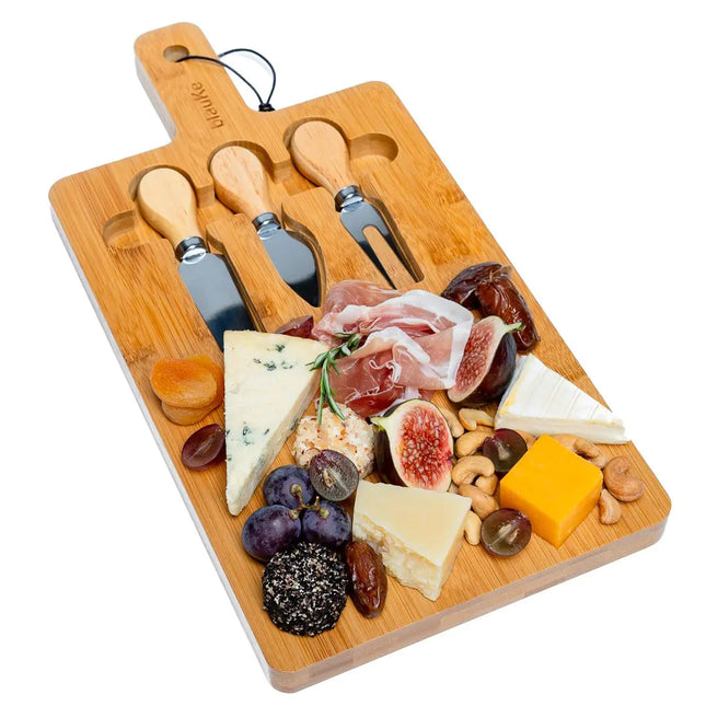 Bamboo Cheese Board Set - 12x8 Inch Charcuterie Tray With Magnetic Cutlery Storage