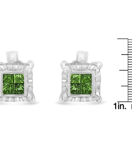 Sterling Silver Color Treated Princess Diamond Quad Stud Earring (1/2 cttw, Green Color, I1-I2 Clarity)