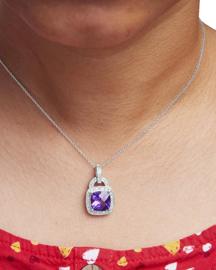 .925 Sterling Silver 10X10 MM Cushion Purple Amethyst and Diamond Accent Halo 18" Pendant Necklace (I-J Color, I1-I2 Clarity)