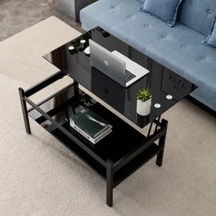 Black Glass Lift Top Coffee Table, Modern 2-layer Tempered Glass, Living Room