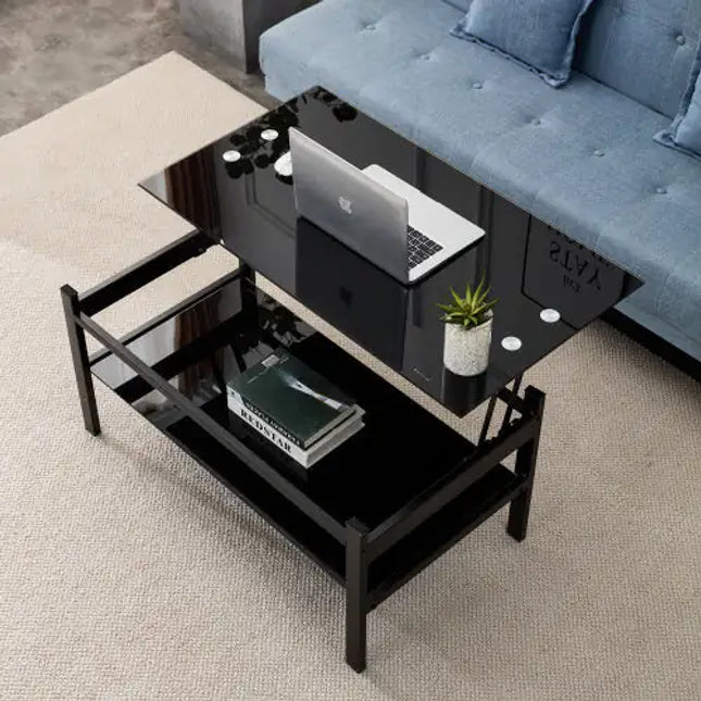 Black Glass Lift Top Coffee Table, Modern 2-layer Tempered Glass, Living Room