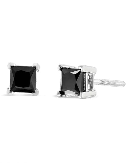 .925 Sterling Silver Princess-Cut Square Black Diamond Classic 4-Prong Stud Earrings with Screw Backs (Fancy Color-Enhanced, I2-I3 Clarity)