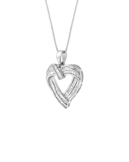 Sterling Silver 7/8 cttw Baguette Diamond Heart Pendant Necklace (I-J, I2-I3)