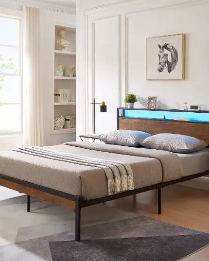 Metal Platform Bed Frame, Full Size, Wooden Headboard & Footboard, USB Ports, No Box