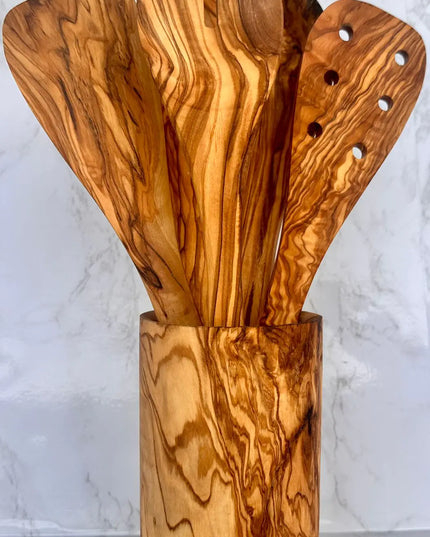 Olive Wood Kitchen Servers Set w/Holder - 6 Pcs