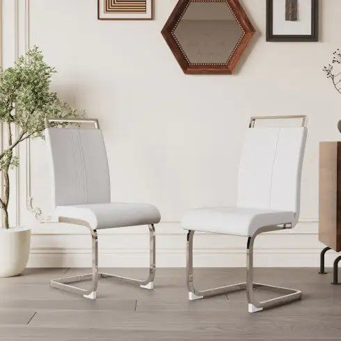 Set of 2 Modern Faux Leather Dining Chairs – High Back Upholstered Side Chairs with C-Shaped Metal Legs for Dining Room, Kitchen, or Office